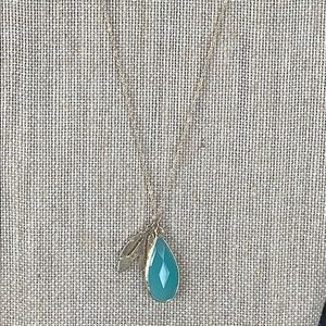 Teal Acrylic Teardrop Stone and Feather Necklace